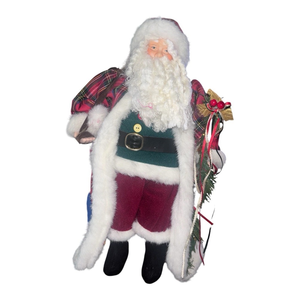 Exceptional Nearly 17" SANTA With Plaid Coat Wooden Base Rustic Vintage